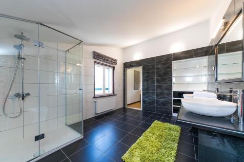 a bathroom with a sink and a glass shower at Villa AnBer in KoruÅ¡ce