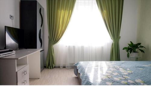 a bedroom with a bed and a tv and a window at Apartament Anita in Vulcan