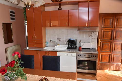 una cucina con mobili marroni e un forno bianco di Villa Nena a Kladovo