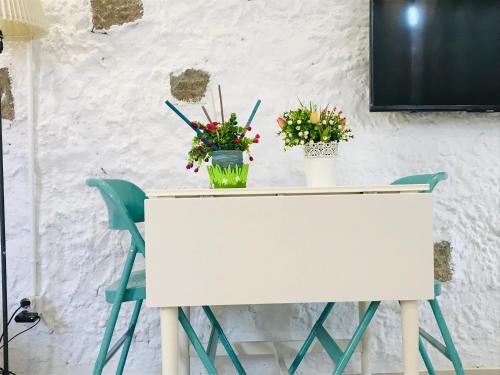 a white table with two plants on top of it at Heart of Gracia in Barcelona