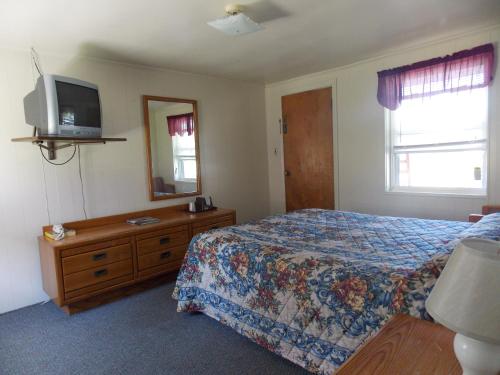 um quarto com uma cama e uma televisão numa cómoda em Clarketon Motel - Maggie Valley em Maggie Valley