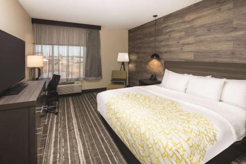 a hotel room with a large bed and a television at La Quinta Inn & Suites by Wyndham Atlanta South - McDonough in McDonough
