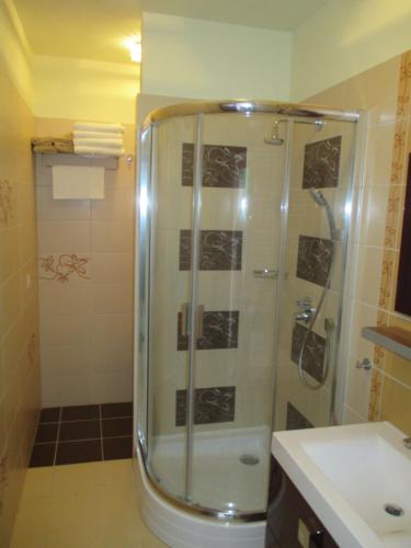 a bathroom with a shower with a toilet and a sink at Alpha Apartman Sárvár in Sárvár