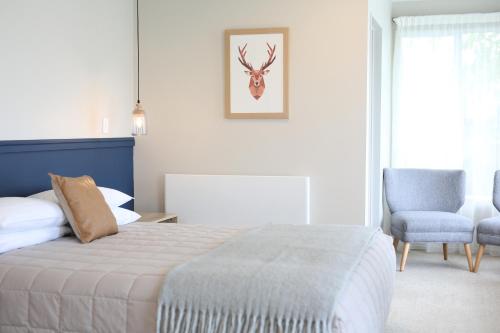 a bedroom with a bed and a chair at Shakespeare House in Te Anau