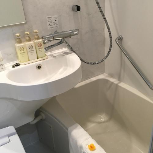 a bathroom with a sink and a shower at Shinbashi Urban Hotel in Tokyo
