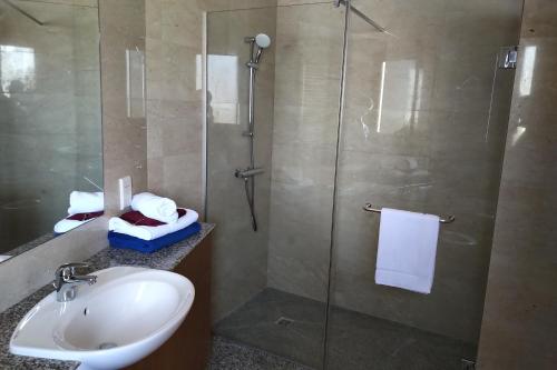 a bathroom with a shower and a sink and a glass shower stall at Villa HERMIONA in Kouklia