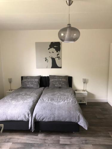 ein Schlafzimmer mit einem Bett und einer Hängeleuchte in der Unterkunft appartement het Stolpje in Julianadorp