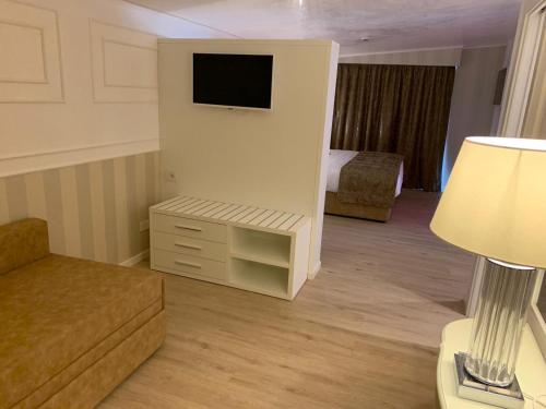a living room with a couch and a tv at Hotel Alexander in Milano Marittima