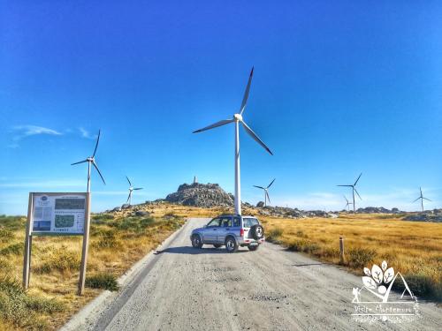 a car driving down a road in front of wind turbines at Casa Celeste in Castro Daire