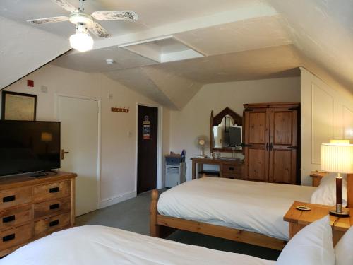 a bedroom with two beds and a flat screen tv at Clifton Hampden B&B in Clifton Hampden