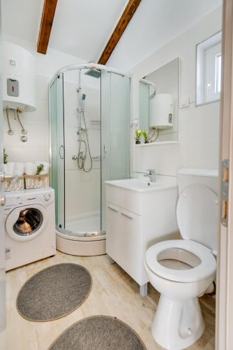 a bathroom with a shower toilet and a washing machine at Holiday home Villa Juli in Šibenik