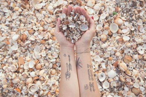 a person with tattoos on their hand on a pile of shells at Hotel Boutique Milla de Plata in Torreguadiaro