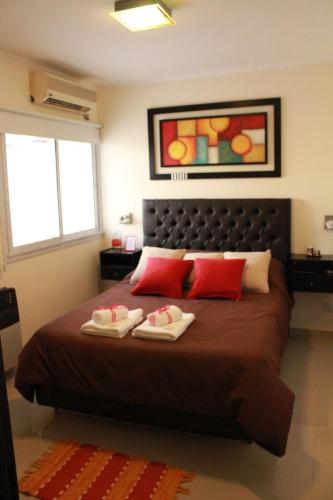 a bedroom with a large bed with red pillows at Villa Cabrera Apart and Suites in Córdoba