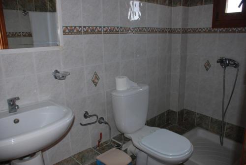 La salle de bains est pourvue de toilettes blanches et d'un lavabo. dans l'établissement Hotel Bonis, à Samos