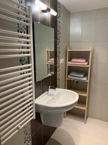 a bathroom with a sink and a mirror at H Central Apartment in Hévíz