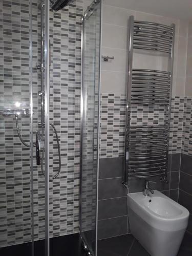 a bathroom with a shower with a toilet and a sink at B&B Casa Taty in Dolo