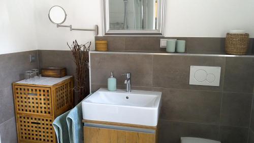 ein Bad mit einem Waschbecken und einem Spiegel in der Unterkunft Rebgärtle in Britzingen