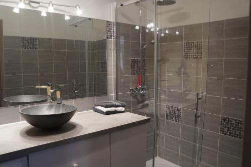 La salle de bains est pourvue d'un lavabo et d'une douche en verre. dans l'établissement 80m tres lumineux parking priv, à Nîmes