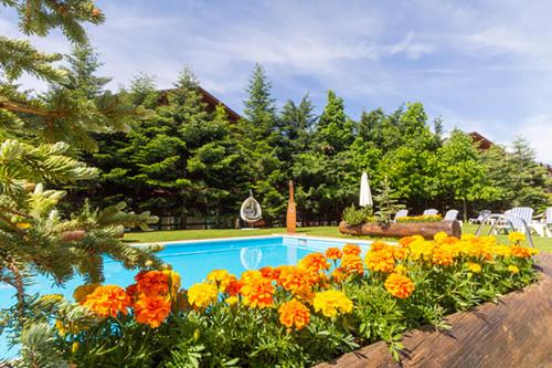 a swimming pool with a bunch of flowers next to it at Sport Hotel Village in Soldeu