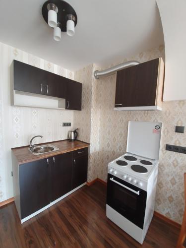 una pequeña cocina con fogones y fregadero en Apartments in Princess Residence en Balchik