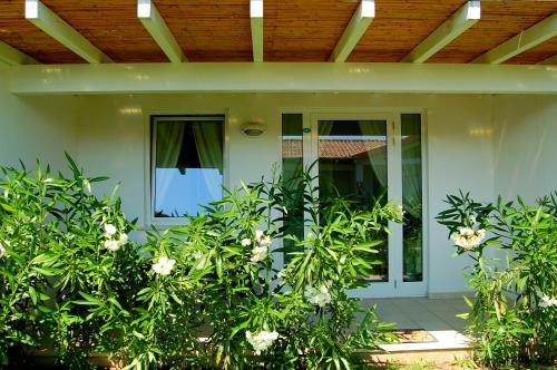a front door of a house with flowers at Hotel Budoni Beach in Budoni