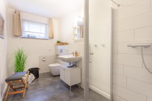 a bathroom with a sink and a toilet and a shower at Strandhaus Manatee mit Sauna und Kamin in Ostseebad Sellin