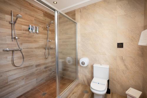 a bathroom with a shower and a toilet at Hostal Casa Mercedes in Nerja