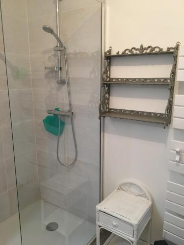 une douche avec une porte vitrée et un tabouret dans une salle de bain dans l'établissement Gîte horizon mer et campagne, à Pornic