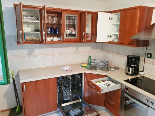 a kitchen with wooden cabinets and a sink at Casa Monte in Bovec