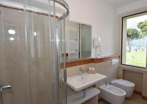 un bagno con doccia, lavandino e WC di Agriturismo Il Colle a Bellagio