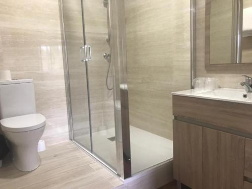 a bathroom with a shower and a toilet and a sink at Pensión CHE in O Pedrouzo