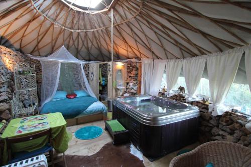 - une chambre dans une yourte avec un lit et une baignoire dans l'établissement Ecolodges en Provence, à Saint-Maximin-la-Sainte-Baume