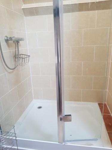 a shower with a glass door in a bathroom at James John Hamilton House and backpacker hostel in Fishguard