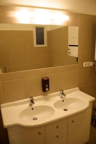 a bathroom with a white sink and a mirror at Five Season's Apartment in Budapest