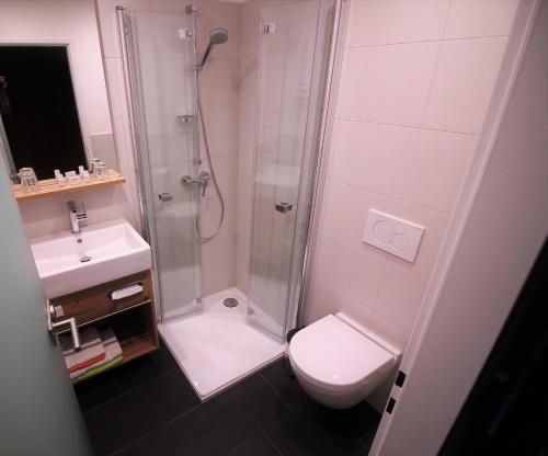 a bathroom with a shower and a toilet and a sink at Hotel-Pension Birkenhof in Kötschach