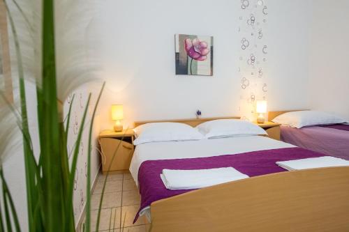 2 łóżka w małym pokoju z fioletową pościelą w obiekcie Apartments Vesela w mieście Seline