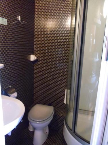 une salle de bain avec toilettes, lavabo et douche dans l'établissement Hôtel De Bale, à Mulhouse