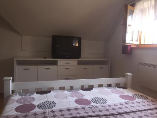 a bedroom with a bed with a tv on top at Apartma Jelenček in Moravske Toplice