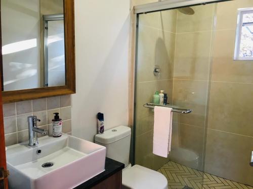a bathroom with a toilet and a sink and a shower at Kilkenny Cottages 2 bedroom unit in Johannesburg