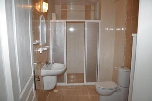 a small bathroom with a toilet and a sink at Oz Ulutas Apart Evleri in Finike