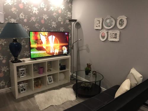 a living room with a flat screen tv on a shelf at Prestige Apartment in Amarante