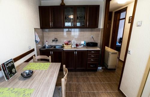 Apartman Stankovic في أراندجيلوفاك: مطبخ صغير مع طاولة ومغسلة