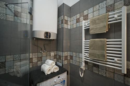 a bathroom with a sink and a towel rack at Standard Apartment by Hi5 -Akácfa 57 in Budapest