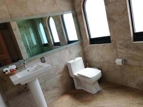 a bathroom with a toilet and a sink and a mirror at Hacienda Maxdá in Santiaguito Maxdá
