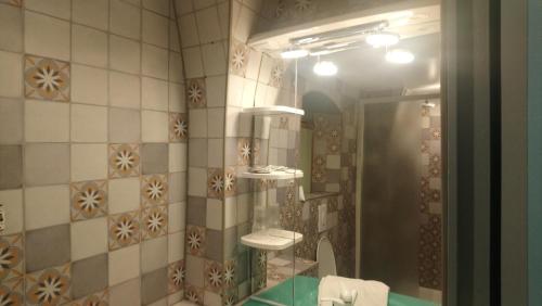 ein Bad mit einer Dusche, einem Waschbecken und einem Spiegel in der Unterkunft Hotel de Savoie in Annecy