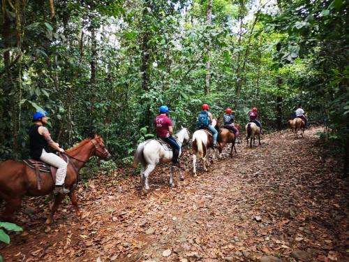 a group of people riding horses down a trail at Hotel SueñoReal RioCeleste in Rio Celeste