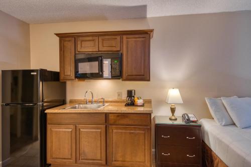 a small kitchen with a sink and a refrigerator at Palms Garden Inn in Ellisville