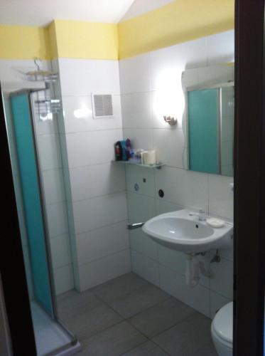 ein Badezimmer mit einem Waschbecken, einem Spiegel und einem WC in der Unterkunft Ferienwohnung Zell am See in Zell am See