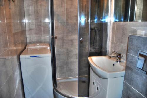 a bathroom with a shower and a sink and a toilet at HelApart - Bałtyk III in Hel