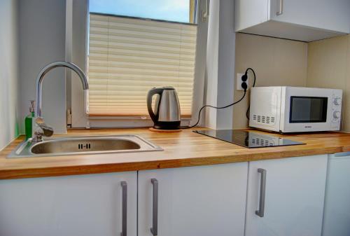 a kitchen counter with a sink and a microwave at HelApart - Bałtyk III in Hel